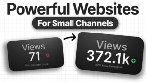 YouTube video thumbnail image accompanying post on 9 free tools to help YouTubers grow. White background with text that reads "powerful websites for small channels." Two boxes. Left reads: "Views" and "71" with a red downward arrow. Right reads: Views" and "372.1k" with a green upward arrow.