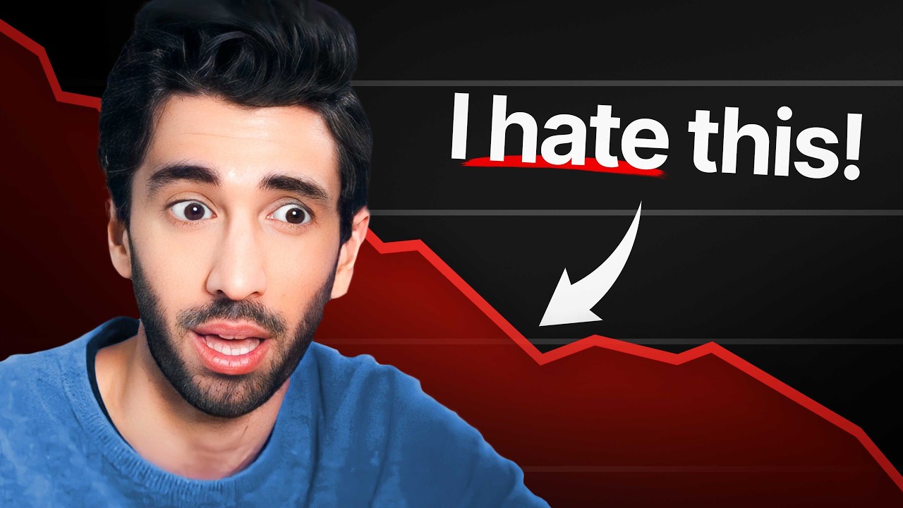 How to grow a YouTube channel from scratch: Background shows a line graph trending down. Text reads "I hate this!" with an arrow pointing at a deflection point in the graph. A man looks at the graph from the left of the frame with a worried look on his face.