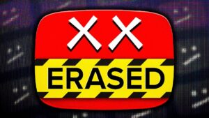 YouTube AI monetization crackdown: Graphic shows a YouTube play button with the word "ERASED" on caution tape and two X's for "eyes"