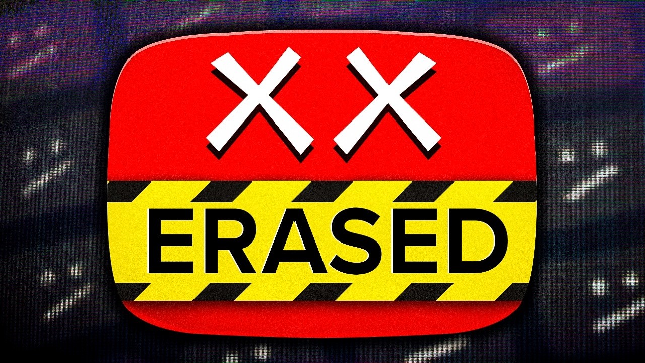 YouTube AI monetization crackdown: Graphic shows a YouTube play button with the word "ERASED" on caution tape and two X's for "eyes"