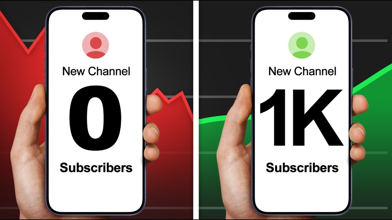 Split-screen graphic showing a hand holding a smartphone with a new YouTube channel at 0 subscribers on the left and 1K subscribers on the right, set against red downward and green upward charts, illustrating what’s stopping your YouTube channel from growing?