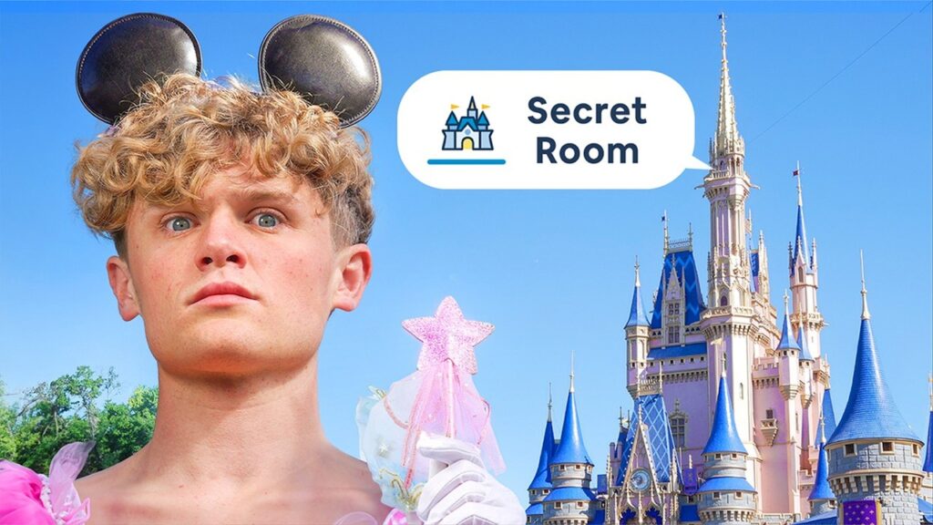 A YouTube thumbnail from Ryan Trahan to demonstrate the importance of a YouTube personal brand. The image features Trahan, left, wearing Mickey Mouse ears, in a princess dress, looking at the camera. In the background, an image of a Disney castle with a caption pointing to a minaret with the text "Secret Room."