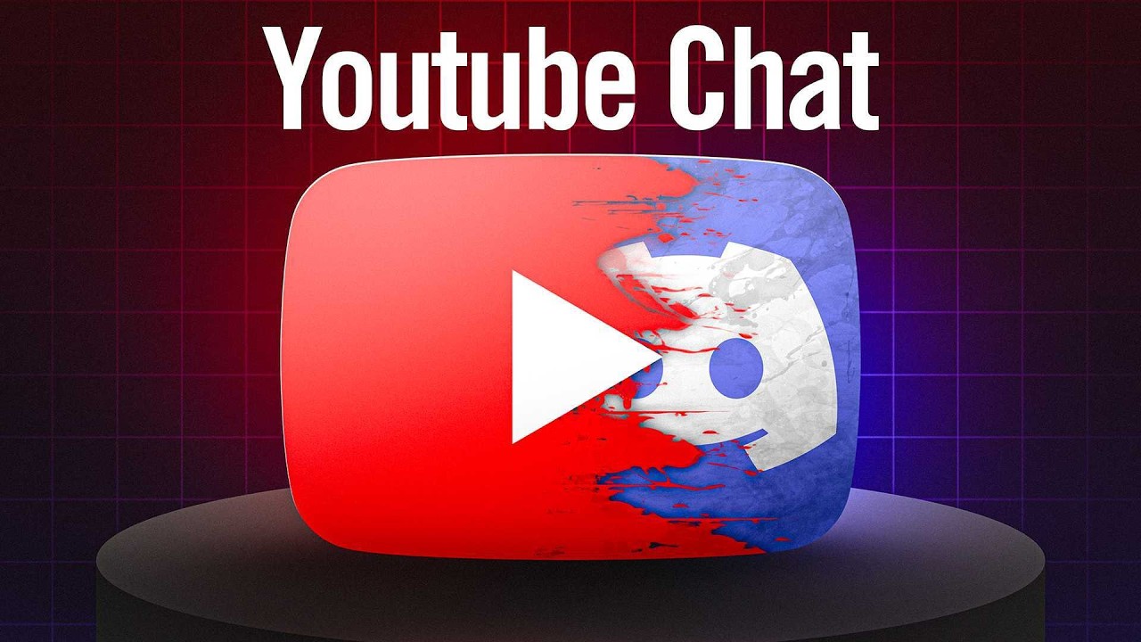YouTube Communities video thumbnail: A YouTube play button with the right side torn away to reveal a partial Discord logo. Text reads "YouTube Chat"