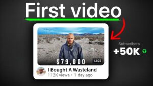 A YouTube thumbnail with the title "I Bought A Wasteland" shows a man sitting in a desert with "$79,000" overlaid, 112K views, and a duration of 13:25; above it, bold text says "First video" with a red arrow pointing to a +50K subscriber gain. This illustrates powerful YouTube storytelling trends 2025, where compelling first uploads can drive massive growth.
