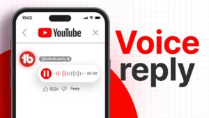 Thumbnail for YouTube Voice Reply video. Shows a phone with the Voice Reply interface and text that reads Voice Reply