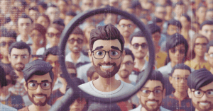 5 YouTube changes that will affect your channel in 2025 - A sea of faces that look similar. One person is framed by a magnifying glass, intended to symbolize standing out from the crowd on YouTube