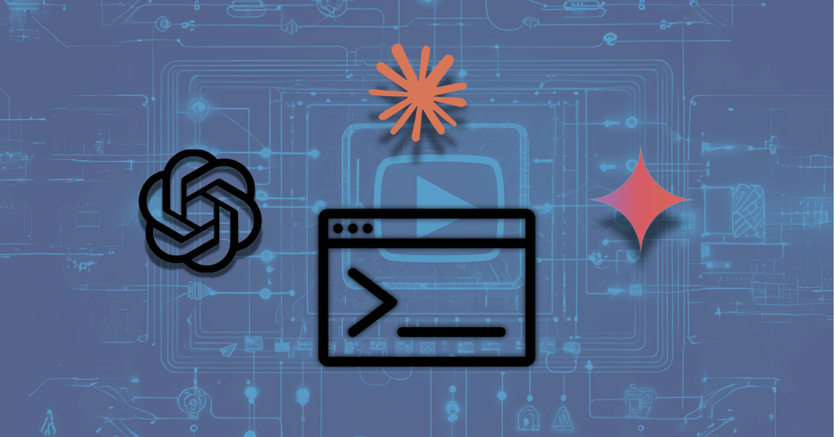 AI for YouTube banner image. A blueprint schematic in the background and in the foreground, a ChatGPT, Claude, and Gemini logos along with an icon ">_" suggesting a prompt.