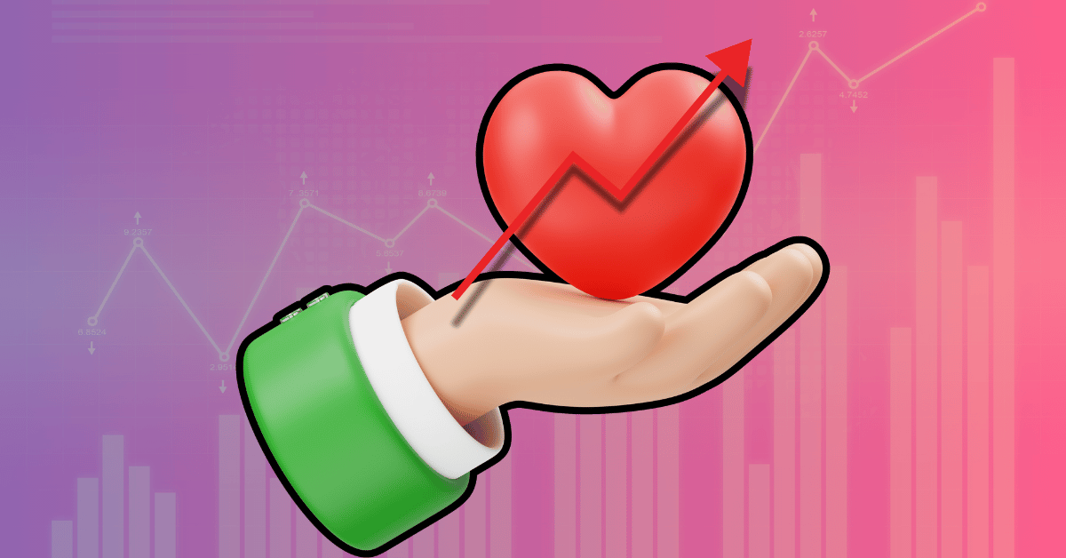 A hand icon holding a heart, intended as a metaphor for empathy. An arrow over the heart drives up-and-to-the-right to signify growth. Accompanies a blog post on empathy as the key to audience understanding on YouTube