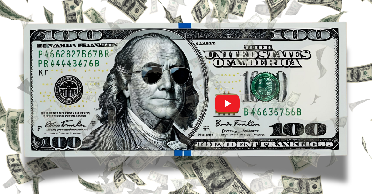 Earn your first $100 on YouTube - monetization tips for small YouTube channels. A stylized US $100 bill shows Benjamin Franklin wearing sunglasses.