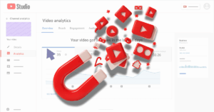 A YouTube Studio analytics screen with a large red magnet attracting 3D YouTube icons, symbolizing strong audience retention on YouTube and the ability to pull viewers in and keep them engaged.