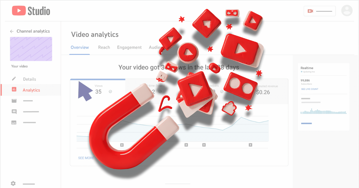 A YouTube Studio analytics screen with a large red magnet attracting 3D YouTube icons, symbolizing strong audience retention on YouTube and the ability to pull viewers in and keep them engaged.