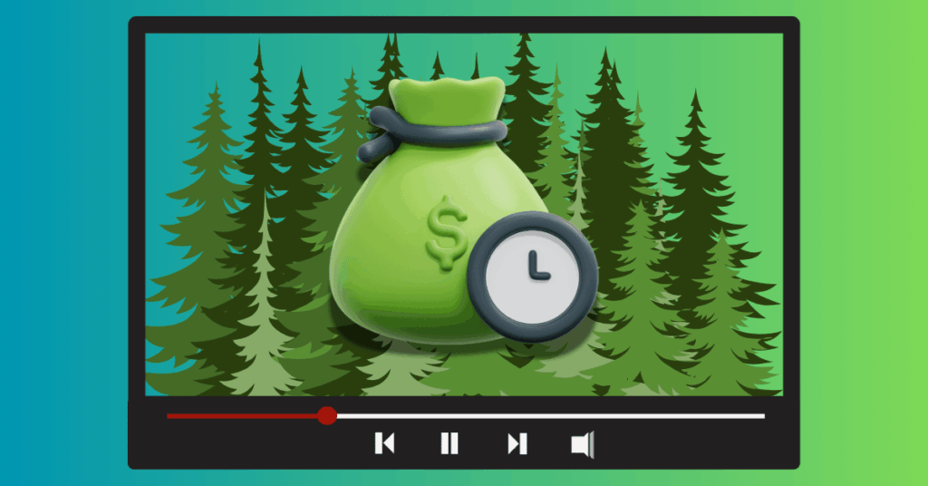 A YouTube video player with evergreen trees and a green moneybag, suggesting evergreen YouTube content strategy.