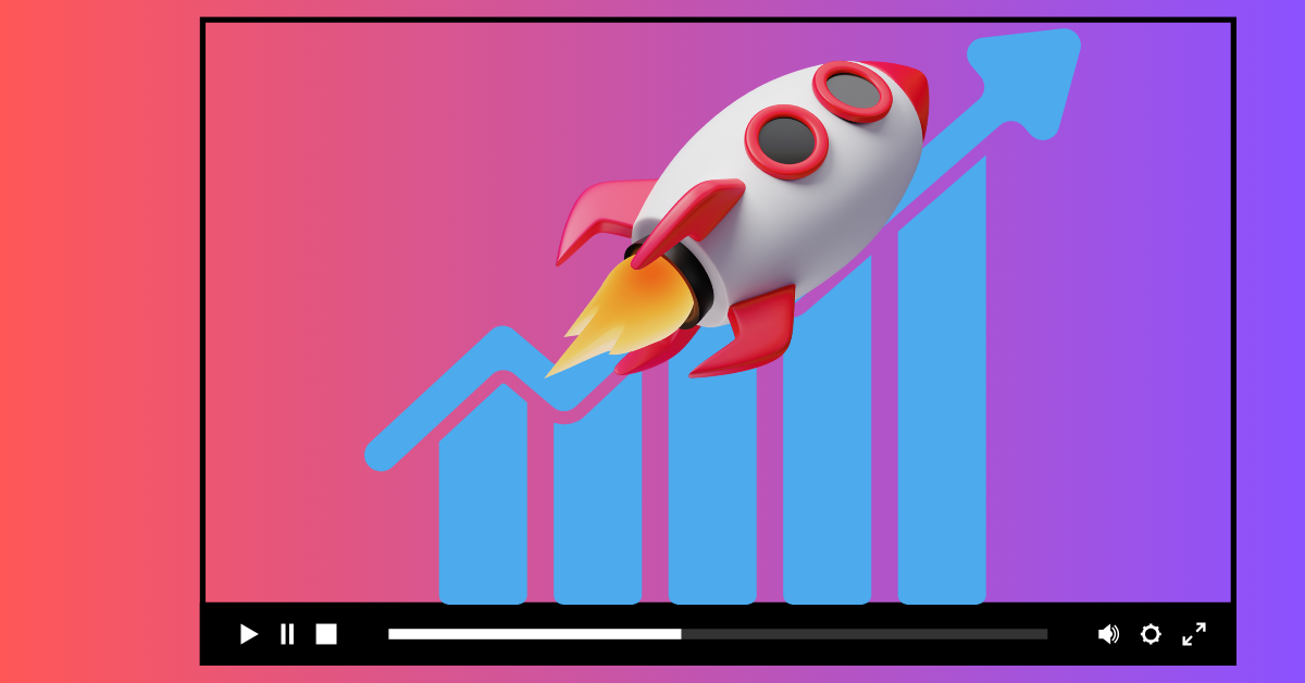 Grow business YouTube channel banner: A chart moving up and to the right with a rocket ship, all framed by a YouTube video window.