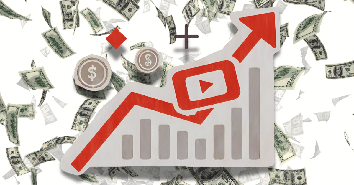 How much can you earn on YouTube? A background of floating dollar bills with a red chart in front showing movement up and to the right.