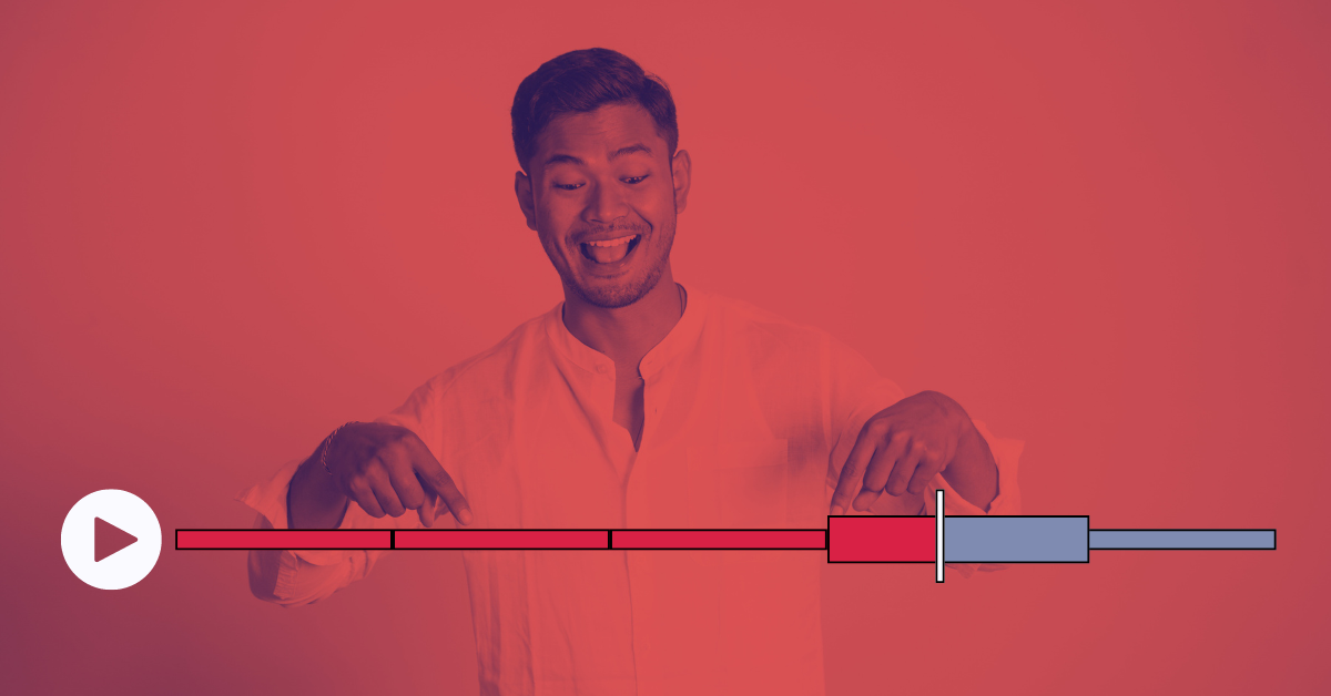 How to add YouTube chapters: A duotone red image of a person pointing excitedly at a video play bar that is divided into chapters. He's clearly REALLY excited about YouTube chapters. And we say more power to him.