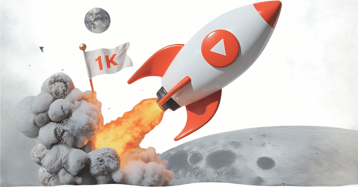 How to get 1K YouTube subscribers in 1 day: A 3D image of a rocket with a YouTube play button for a porthole, blasting off from the surface of the moon. There is a 1K flag planted on the moon's surface.