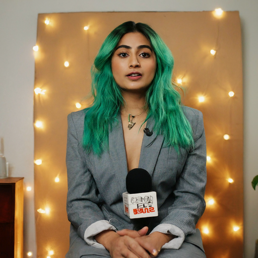 An image of a YouTube content creator, making content in their home. The creator is holding a microphone to look like a news anchor. This image is AI-generated. News is the number 10 most popular YouTube Shorts niche by views.