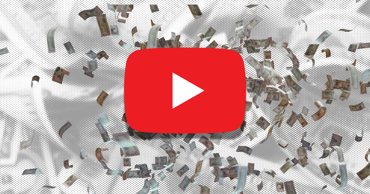 Banner image representing the concept of monetize evergreen YouTube videos. An abstract black and white image of US $100 bills in the background. In the midground, falling bills, and in the foreground, a YouTube play button.