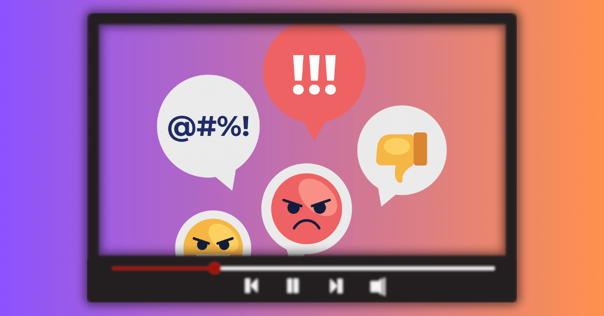 How to handle negative comments: a YouTube video player window shows several speech bubbles with angry emoticon faces, !!!, and @#%! indicating swearing