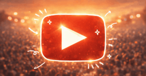 Glowing YouTube play button with a white hand-drawn outline and doodles, set against a blurred concert crowd at golden hour, symbolizing the excitement of starting a new YouTube channel in 2026.