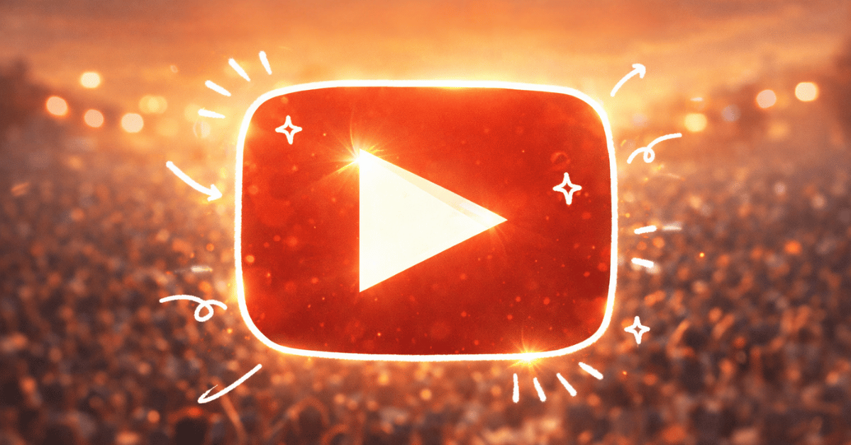 Glowing YouTube play button with a white hand-drawn outline and doodles, set against a blurred concert crowd at golden hour, symbolizing the excitement of starting a new YouTube channel in 2026.