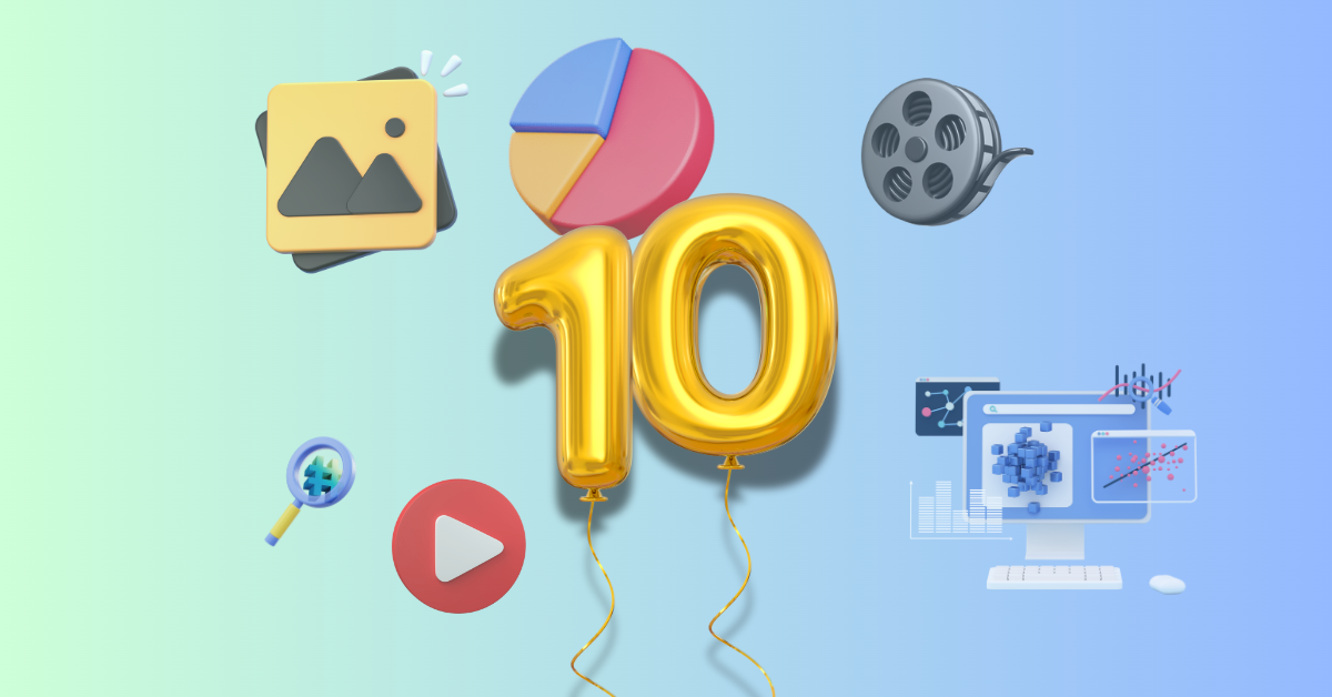 How to Optimize on YouTube - Banner image. Shows the number 10 with metallic balloons then a series of smaller icons suggesting different optimizations. Icons include a magnifying glass indicating search, a hashtag, an analytics window on a computer monitor, an image placeholder suggesting a thumbnail. If I'm being honest, it's not the best looking image and you're not missing too much if you're using a screen reader.