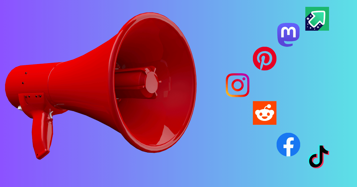 Illustration: a red megaphone on the left with a series of social media platform logos fanning out from the horn in a horizontal V shape, attempting to illustrate the concept of promoting YouTube content on social media.
