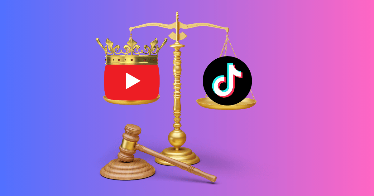 A golden balance scale with a YouTube logo on the left and a TikTok logo lower on the right side. The YouTube logo has a crown.