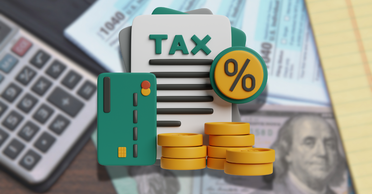 Understanding tax write-offs for creators: A background shows a calculator, some money, and a tax forms arrayed on a desk. In the foreground, a graphic image just reads "TAX" and shows a credit card, a small stack of coins, and a percentage symbol.