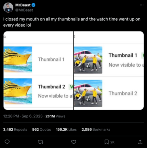 A screen capture of a tweet from Mr Beast that reads "I closed my mouth on all my thumbnails and the watch time went up on every video lol"