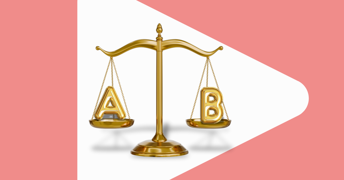 YouTube A/B testing tools: Image shows a gold balance scale with a gold capital letter A on the left and a gold capital letter B on the right. This graphic is set over a background of a zoomed-in YouTube play button that fills the whole frame.