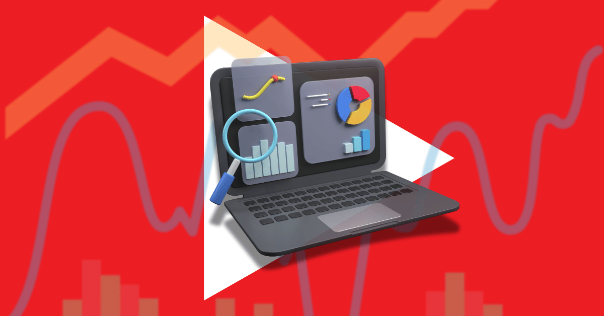 Youtube analytics - graphs overlaid on a YouTube play button with a graphical render of a laptop with an analytics screen open.