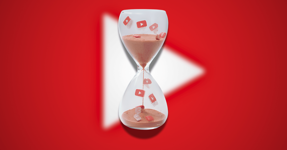 3D illustration of an hourglass filled with sand and floating YouTube play icons, symbolizing YouTube average view duration and the importance of keeping viewers watching over time.