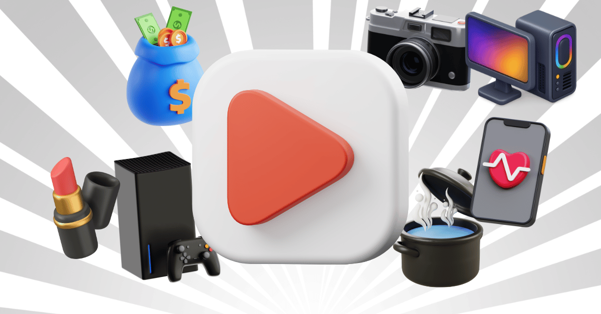 3D render graphic of a YouTube play button surrounded by icons for popular niches like gaming, cooking, fashion, finance, and tech, illustrating ideas for choosing a YouTube channel name.