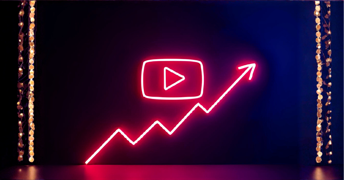 YouTube channel refresh 2026: A neon YouTube play button on a dark stage with a neon growth line moving up and to the right