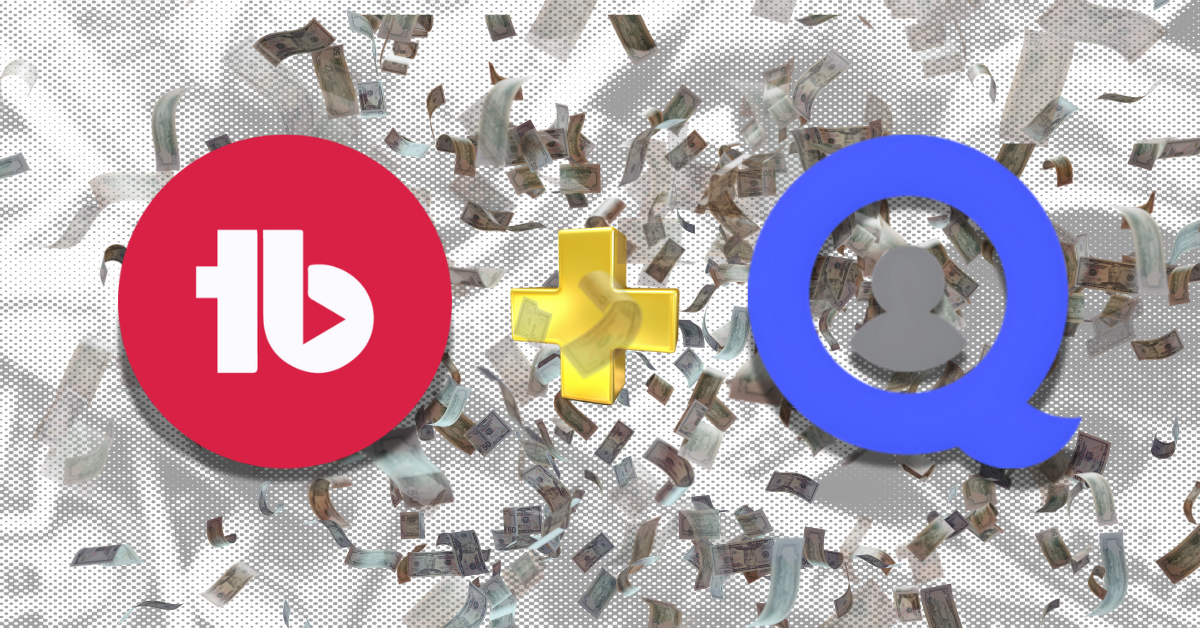 TubeBuddy + AsqMe for YouTube comment automation. Graphic shows a TubeBuddy logo, a + symbol, and an AsqMe logo. The background shows lots of floating US currency, slightly blurred out.