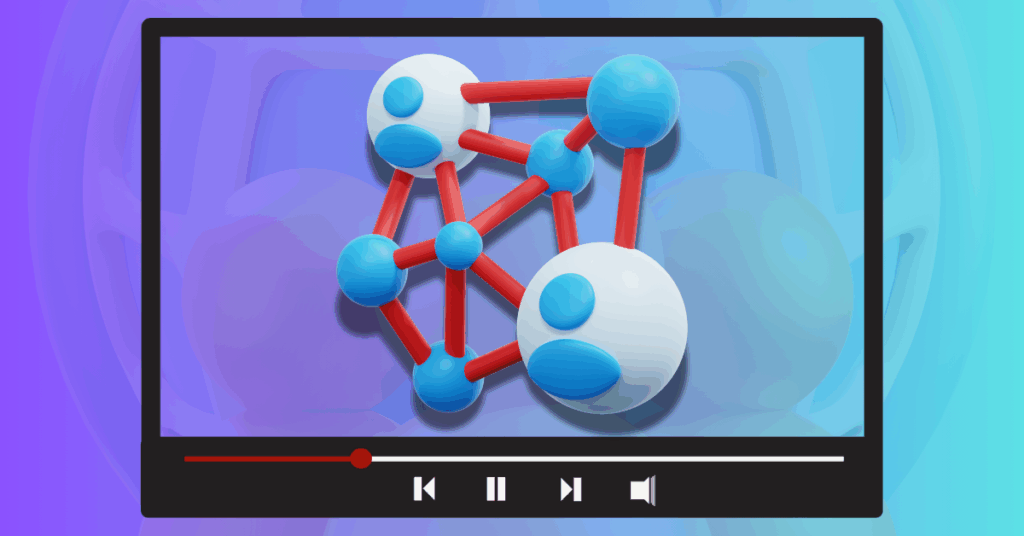 Attempting to illustrate YouTube community but honestly, not our best work. A YouTube-style video player window has an asymmetrical web connecting multiple dots.