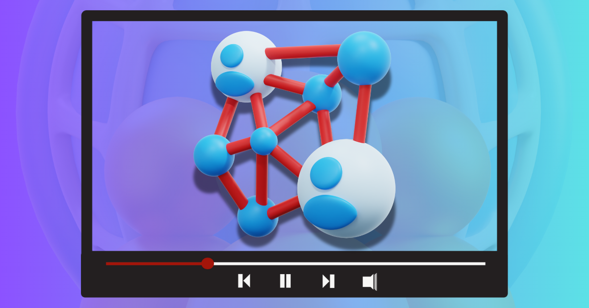 Attempting to illustrate YouTube community but honestly, not our best work. A YouTube-style video player window has an asymmetrical web connecting multiple dots.