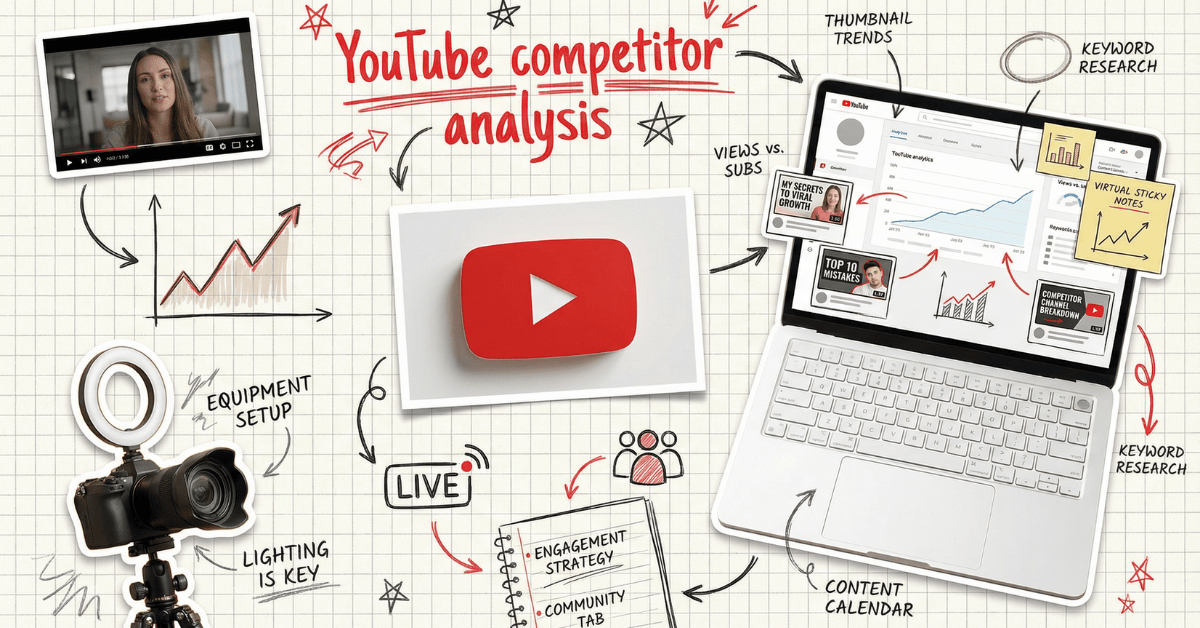 A collage-style graphic illustrating YouTube competitor analysis, featuring a laptop displaying YouTube analytics, video thumbnails, charts, keyword research notes, a camera with lighting equipment, a YouTube play button, and handwritten arrows and labels showing elements like thumbnail trends, content calendar, engagement strategy, and views vs. subs.