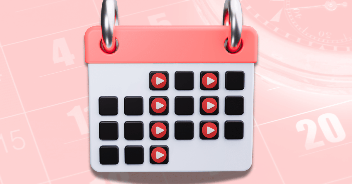 A graphic of a calendar with a video play button on different days to illustrate the concept of a YouTube content calendar