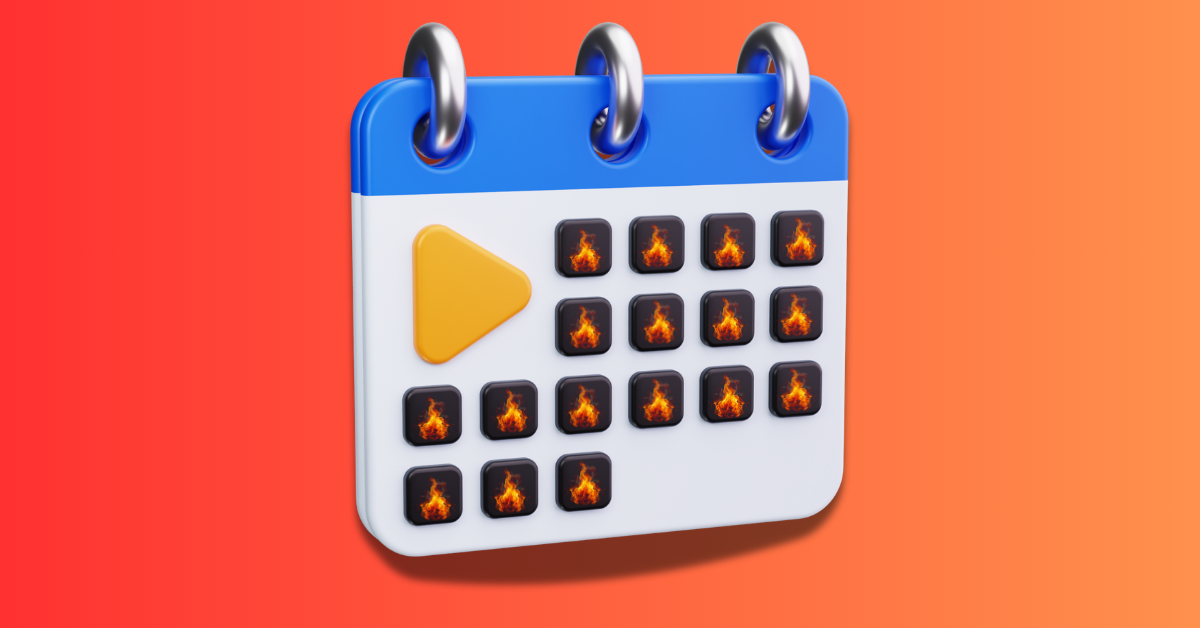 YouTube content calendar: A cartoonish calendar icon. Each day on the calendar has an image of fire on it.