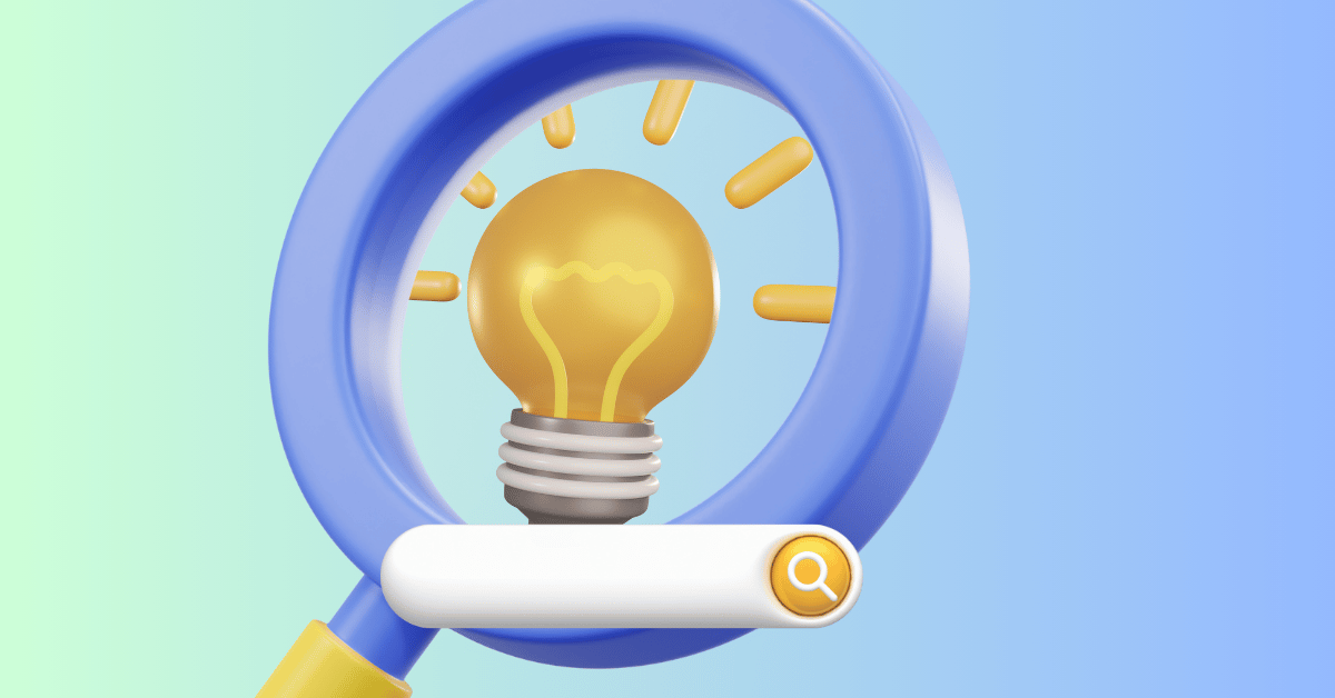 A graphic showing a search bar over a magnifying glass with a lightbulb in the lens. Intended to convey the idea of YouTube keyword research.