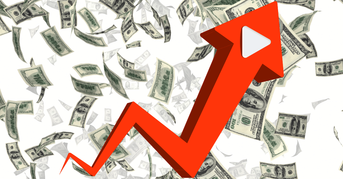 Red upward arrow with a play button symbol surrounded by flying dollar bills, representing growth in revenue through YouTube monetization.