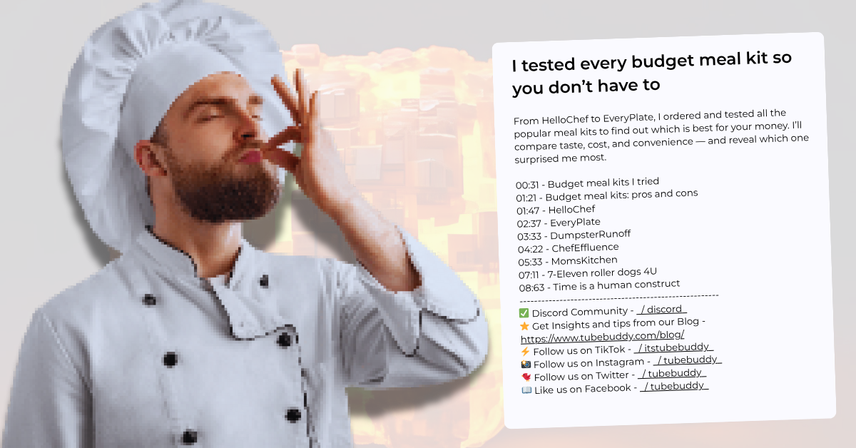 YouTube video descriptions: A pixelated chef gives a chef's kiss gesture to a video description. A weird lump of AI-generated lava is inexplicably used as the background of the image.