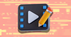 YouTube video editing tools blog banner - A cartoon film icon with a pencil sits over a complex video editing timeline background that has been blurred extensively so as to be recognizable but also abstract