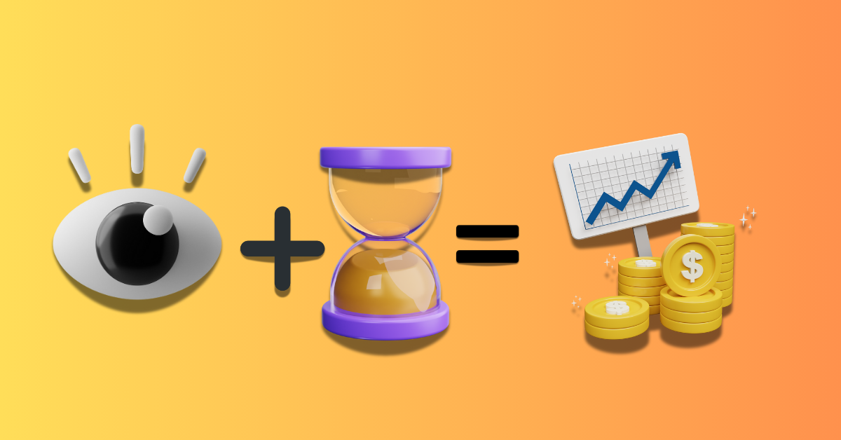 YouTube watch time graphic shows a simple equation. L-R: an eye emoji, a plus sign, an hour glass, an equals sign, a pile of gold coins emoji