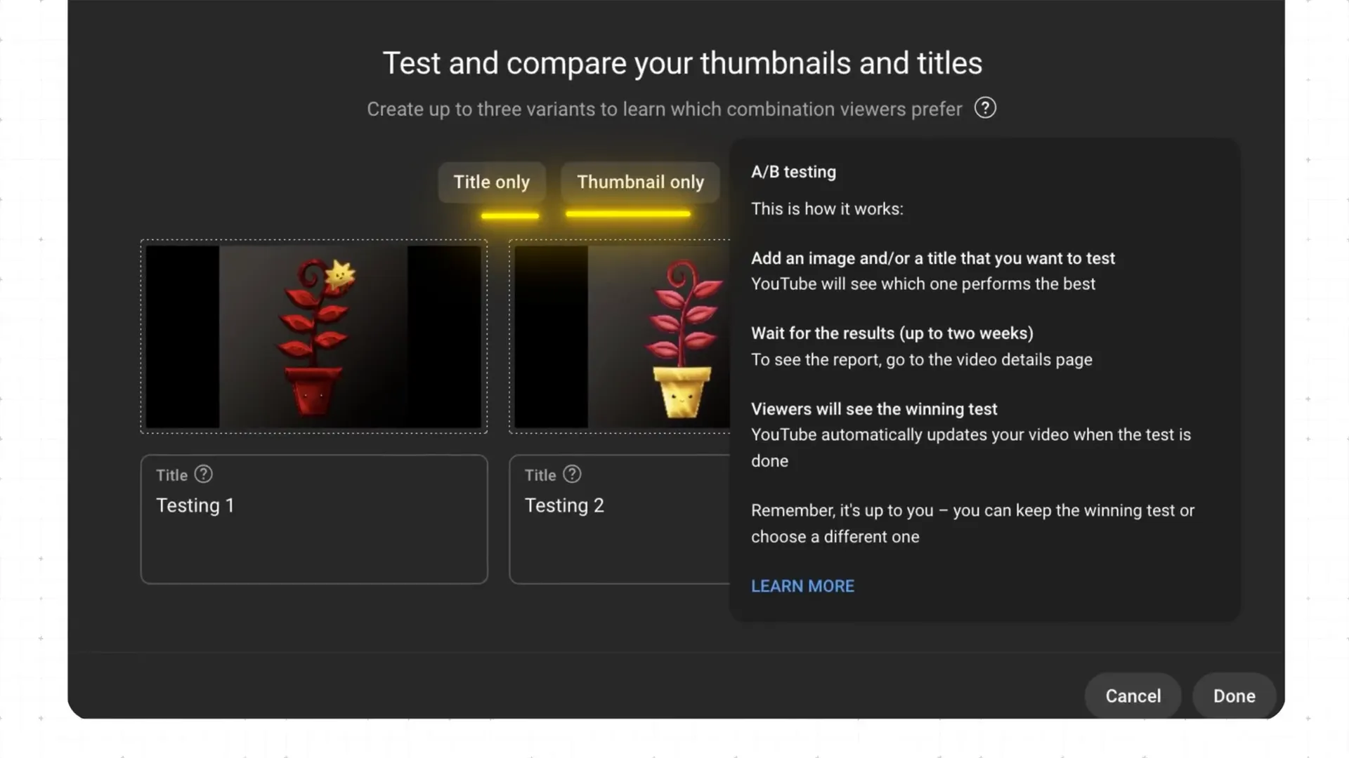 YouTube's current test and compare limitations: thumbnail-only testing