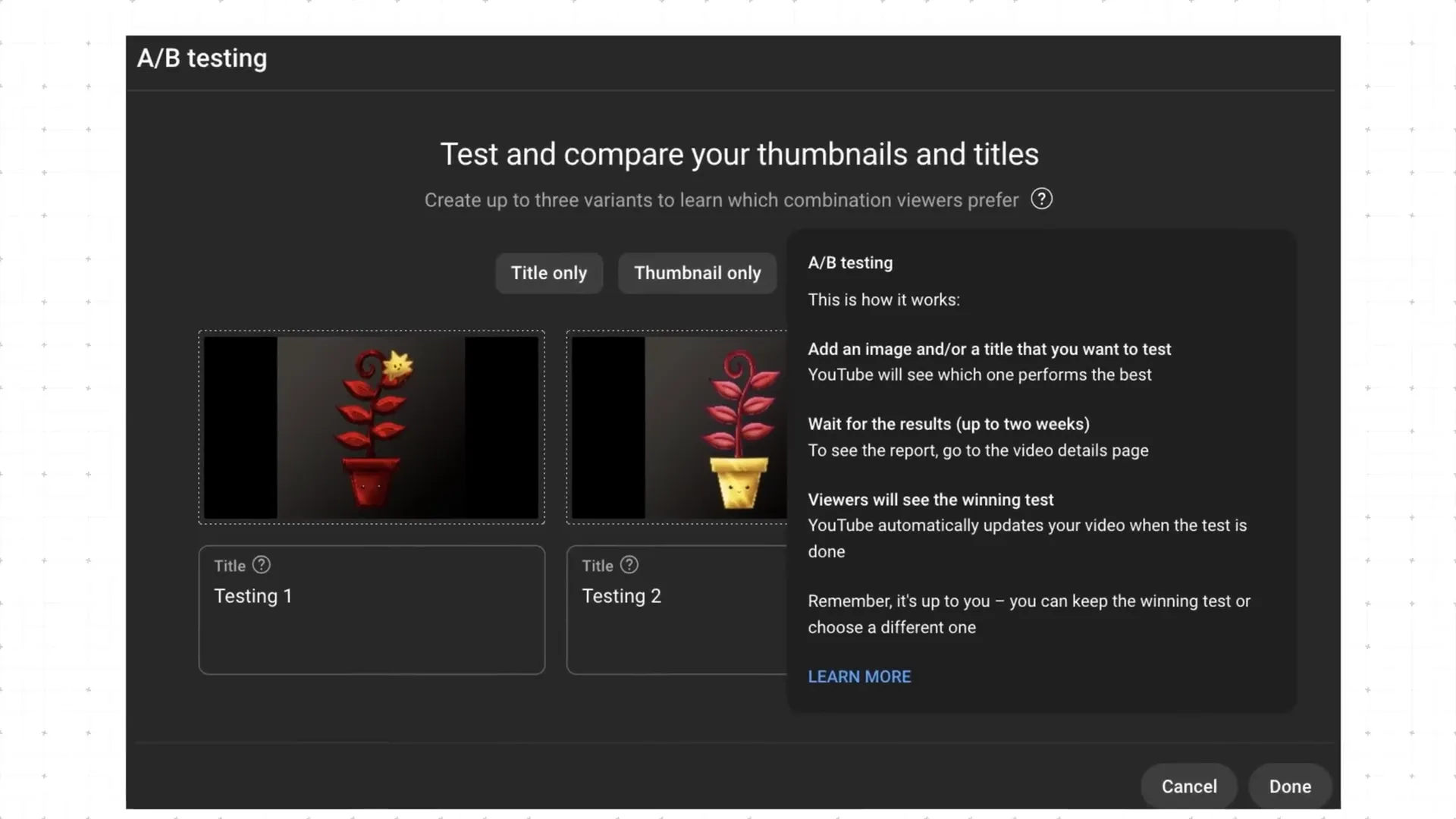 Leaked screenshot of YouTube's new AB testing system