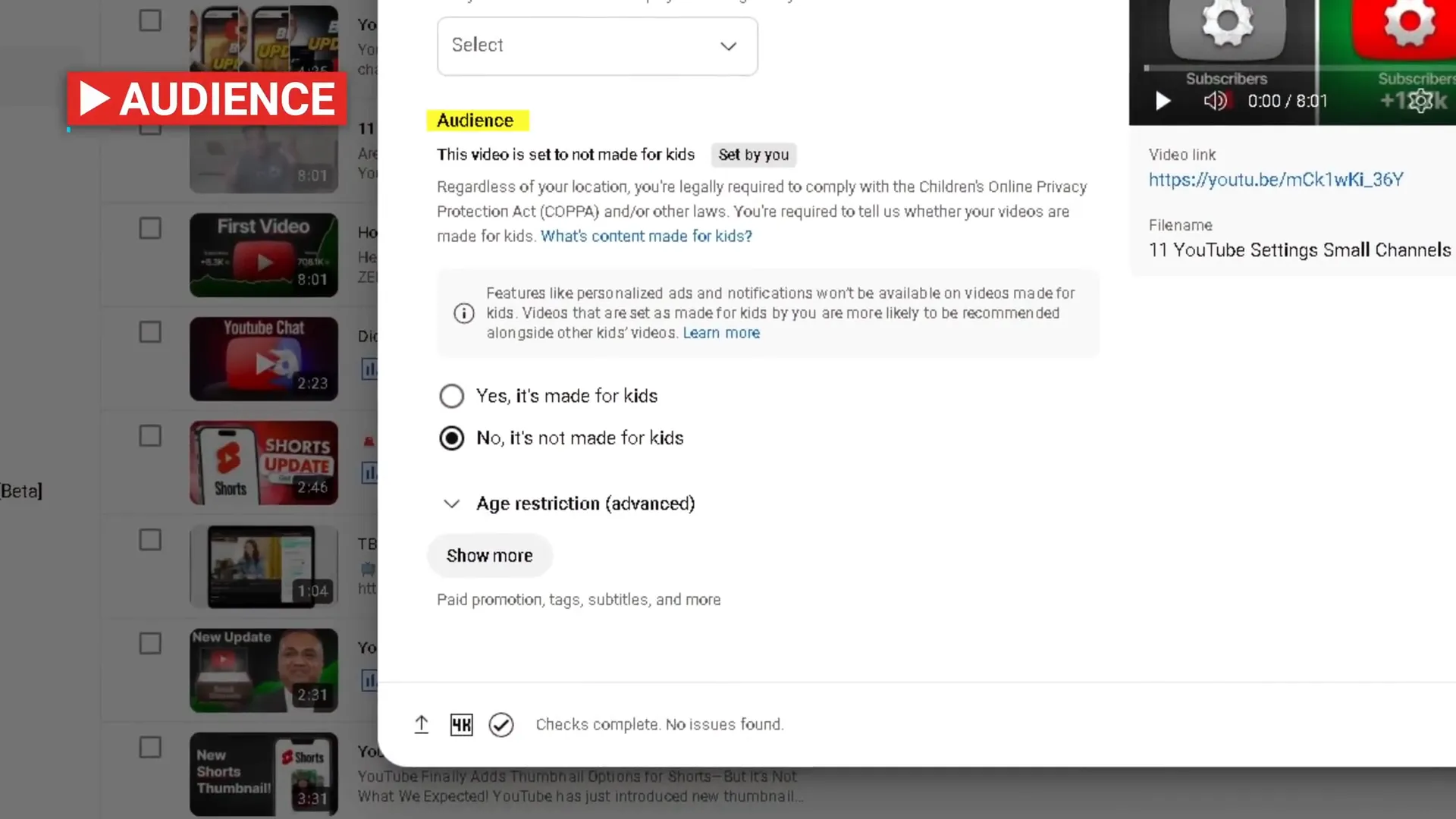 YouTube setting to specify if video is made for kids