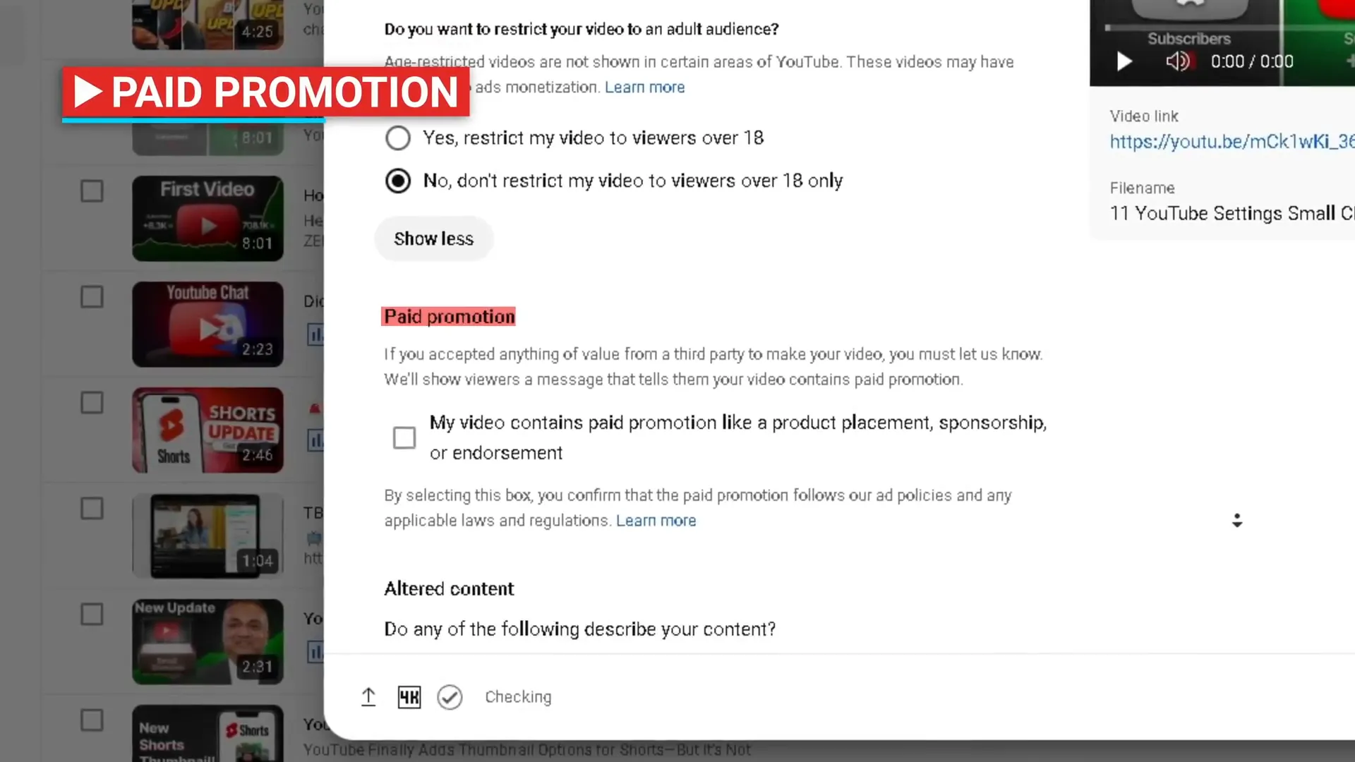 YouTube paid promotions and synthetic content settings